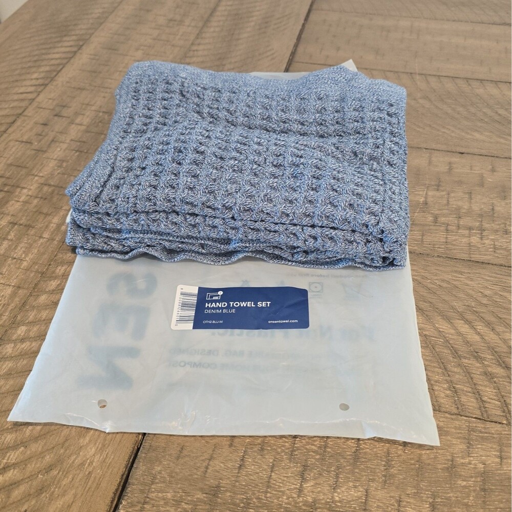 Onsen Supima Waffle Hand Towels Set of 2 Denim Blue 18"x30" NEW